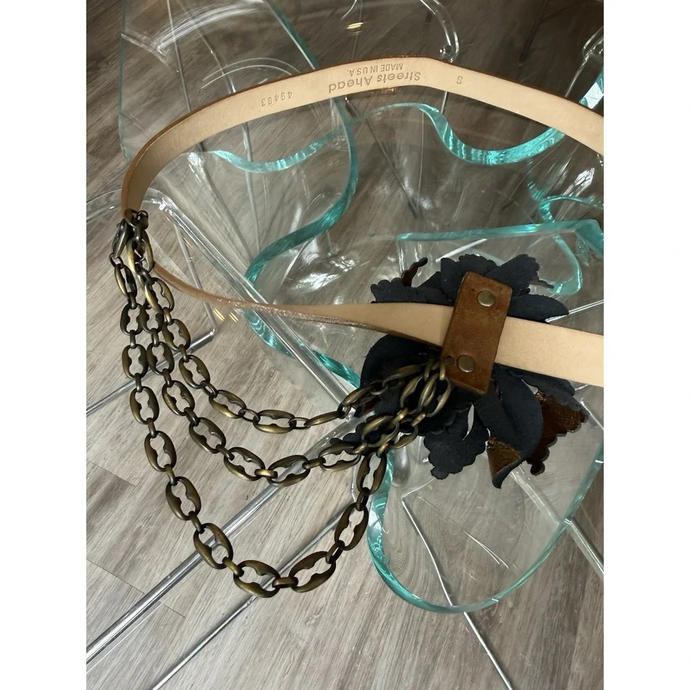 Vintage Streets Ahead Gold Leather Flower Brown Thin Chain Belt Sz S 49463